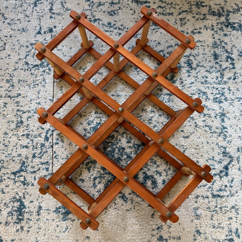 Vintage Mid Century Modern Folding Accordion Solid Teak Wood Wine Rack Stand - Picture 2 of 4